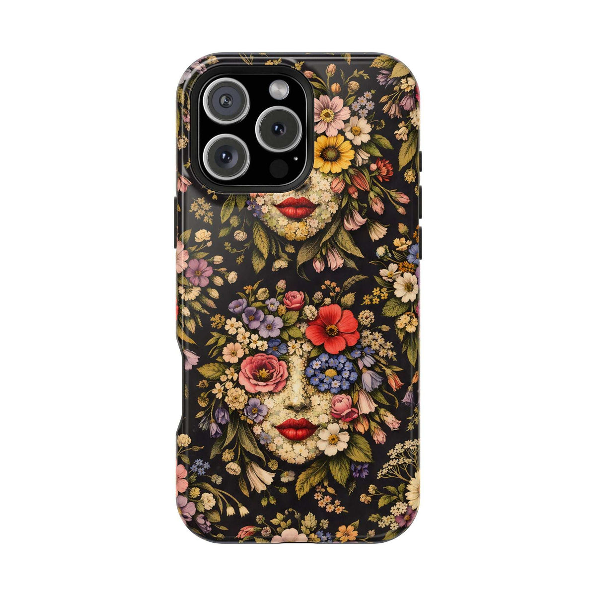 Black floral face phone case with red lips, dense flower wreath design, triple camera cutouts