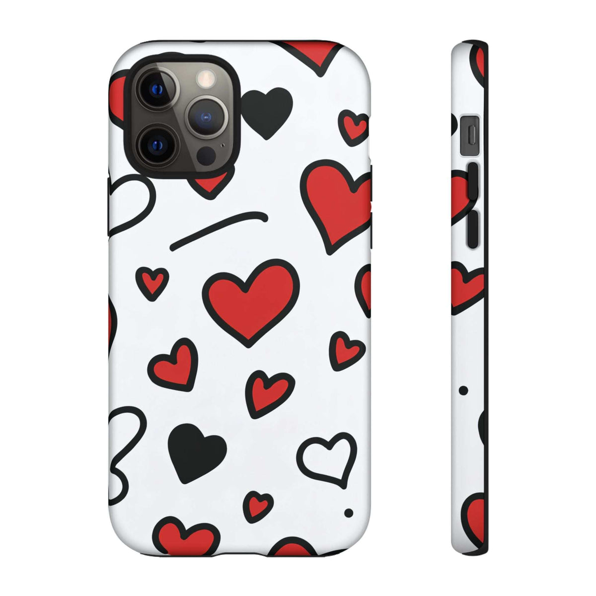 White phone case with scattered red and black hearts, side profile visible.