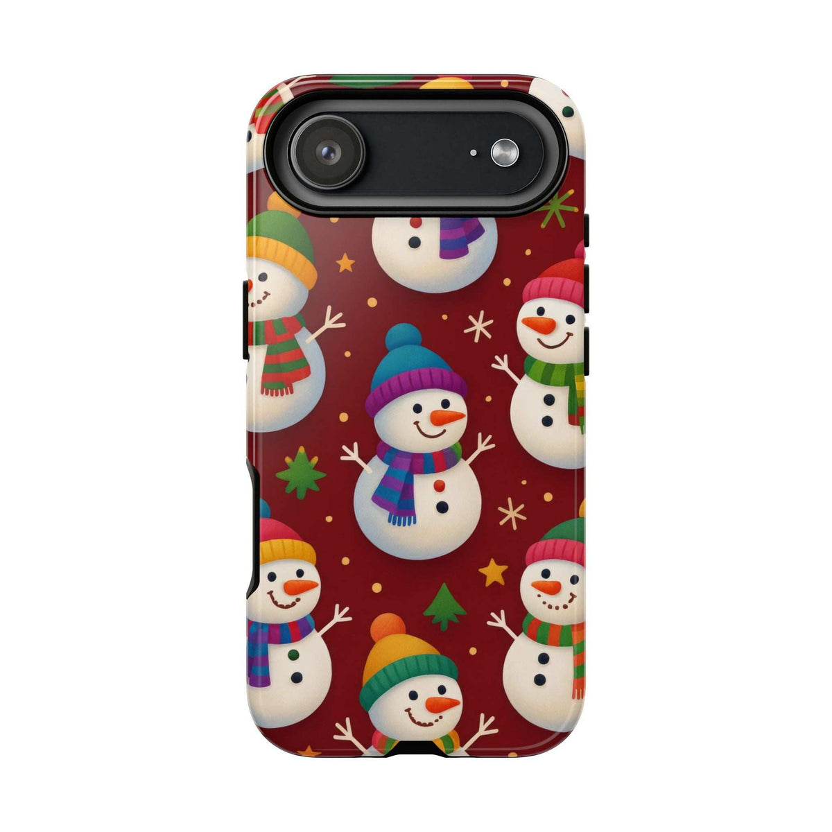 KARARMDESIGN glossy festive snowmen phone case, side view showing camera opening and red design