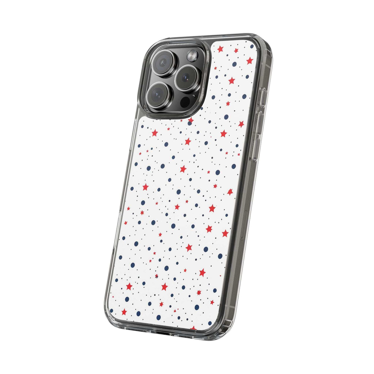 Clear phone case with red stars and blue dots on white; angled back with quad-camera cutout