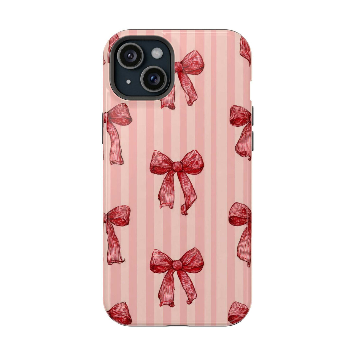 Pink phone case with red stripe pattern and scattered red bows, camera area on top left