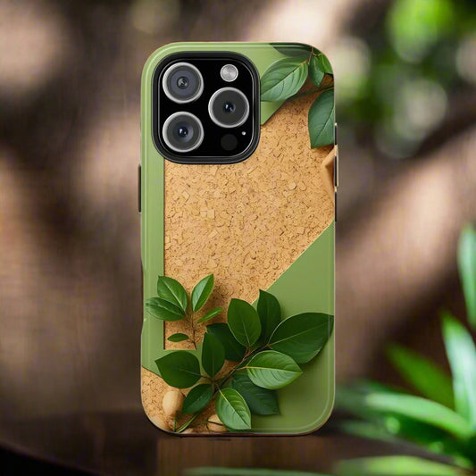 Eco-Inspired Tough Phone Case – Cork Texture with Leaf & Seed Design for iPhone 7-16 and Samsung Galaxy S21-S24 - KarArmDesign