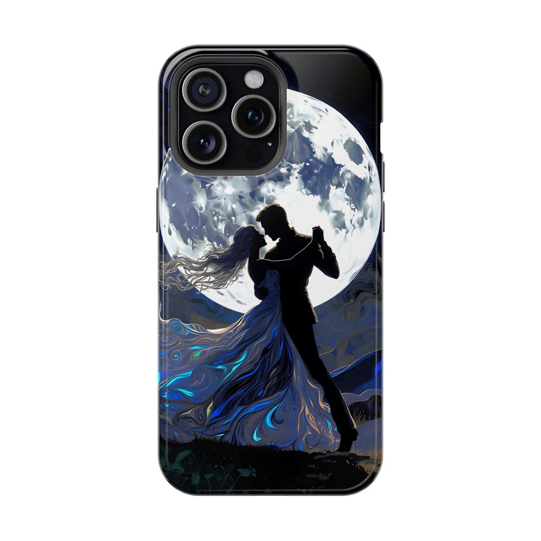Magnetic phone case with moonlit couple silhouette and blue wave graphics, front view