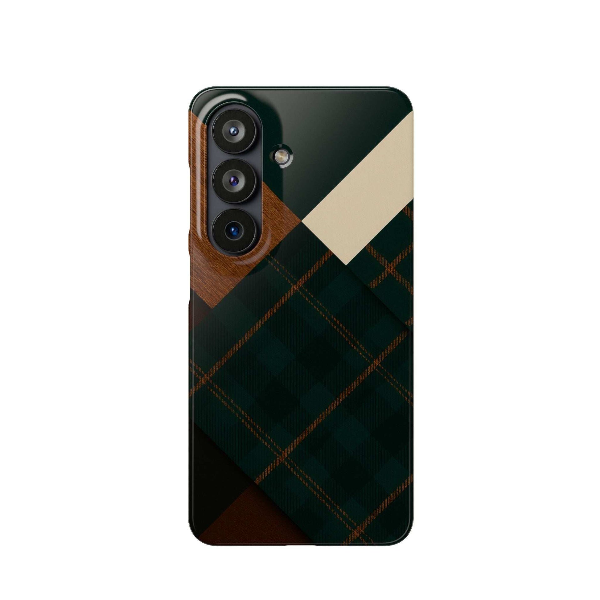 Rustic green phone case with wood grain, dark plaid pattern, and raised camera area