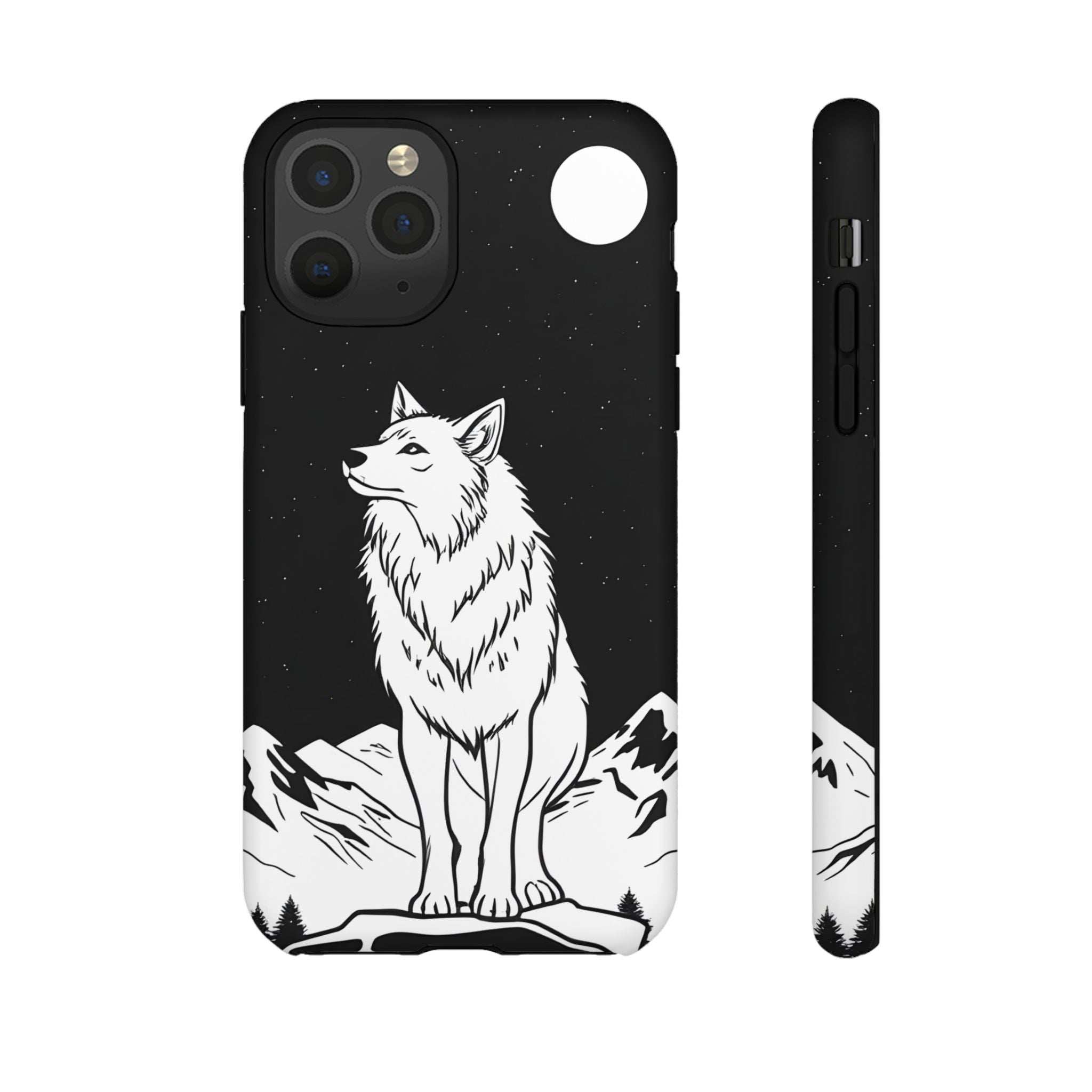 Black phone case with white wolf illustration and star speckles; front and edge view