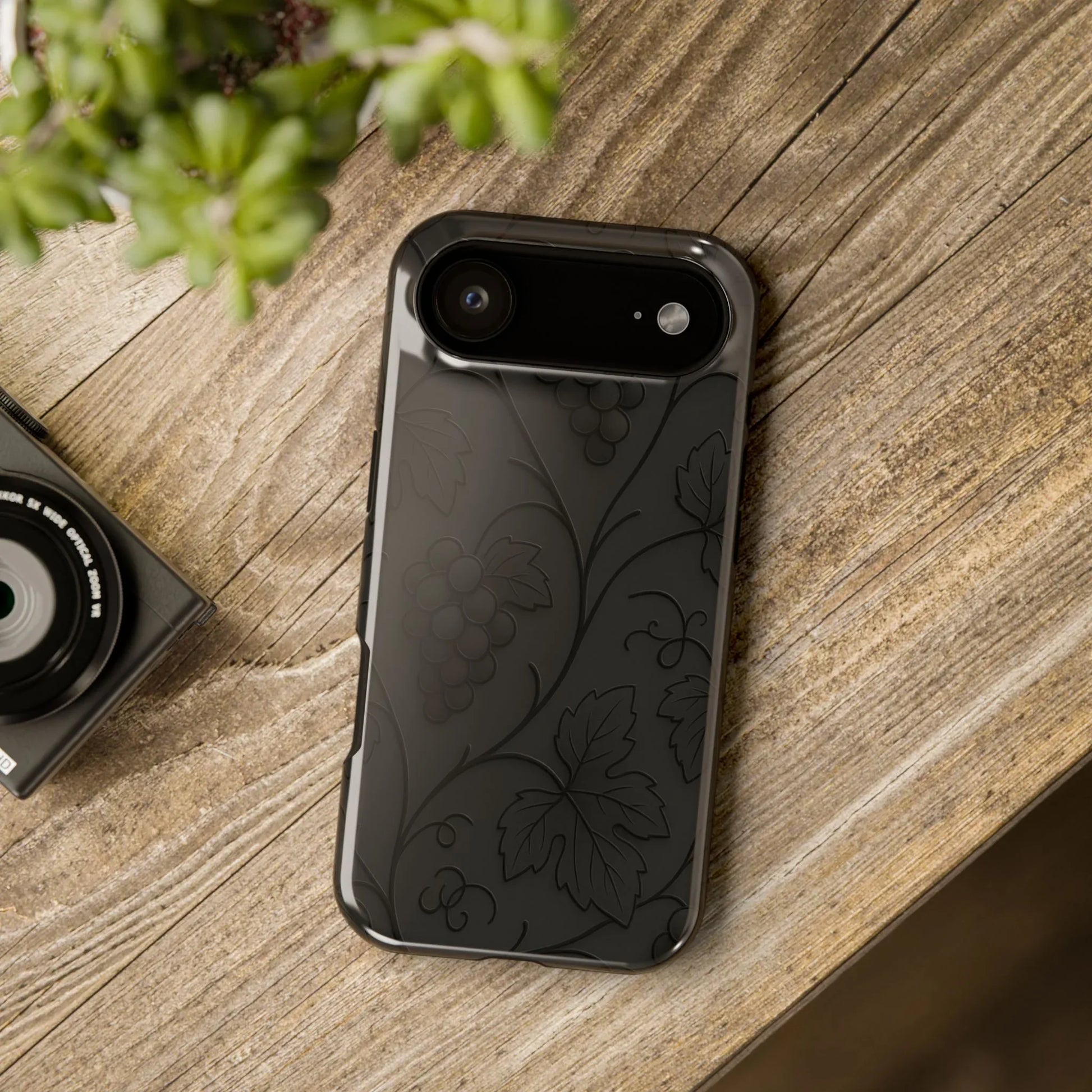 Elegant Embossed Grape Leaf Black Phone Case for iPhone and Galaxy - KARARMDESIGN