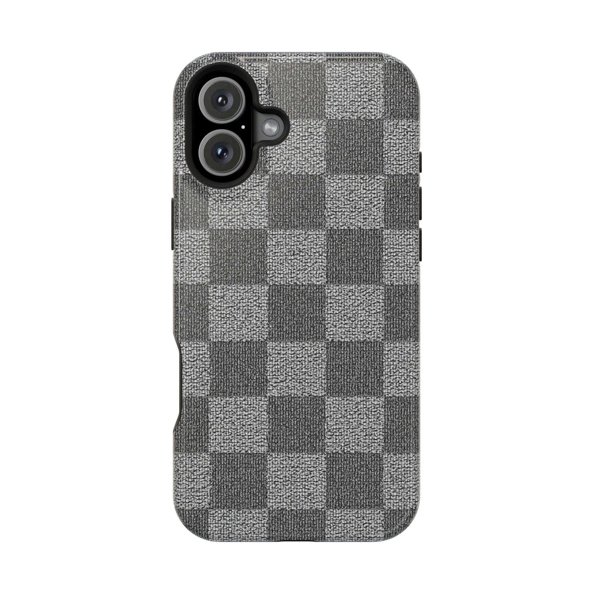 Gray checkered phone case with camera cutouts and side buttons, textured fabric finish