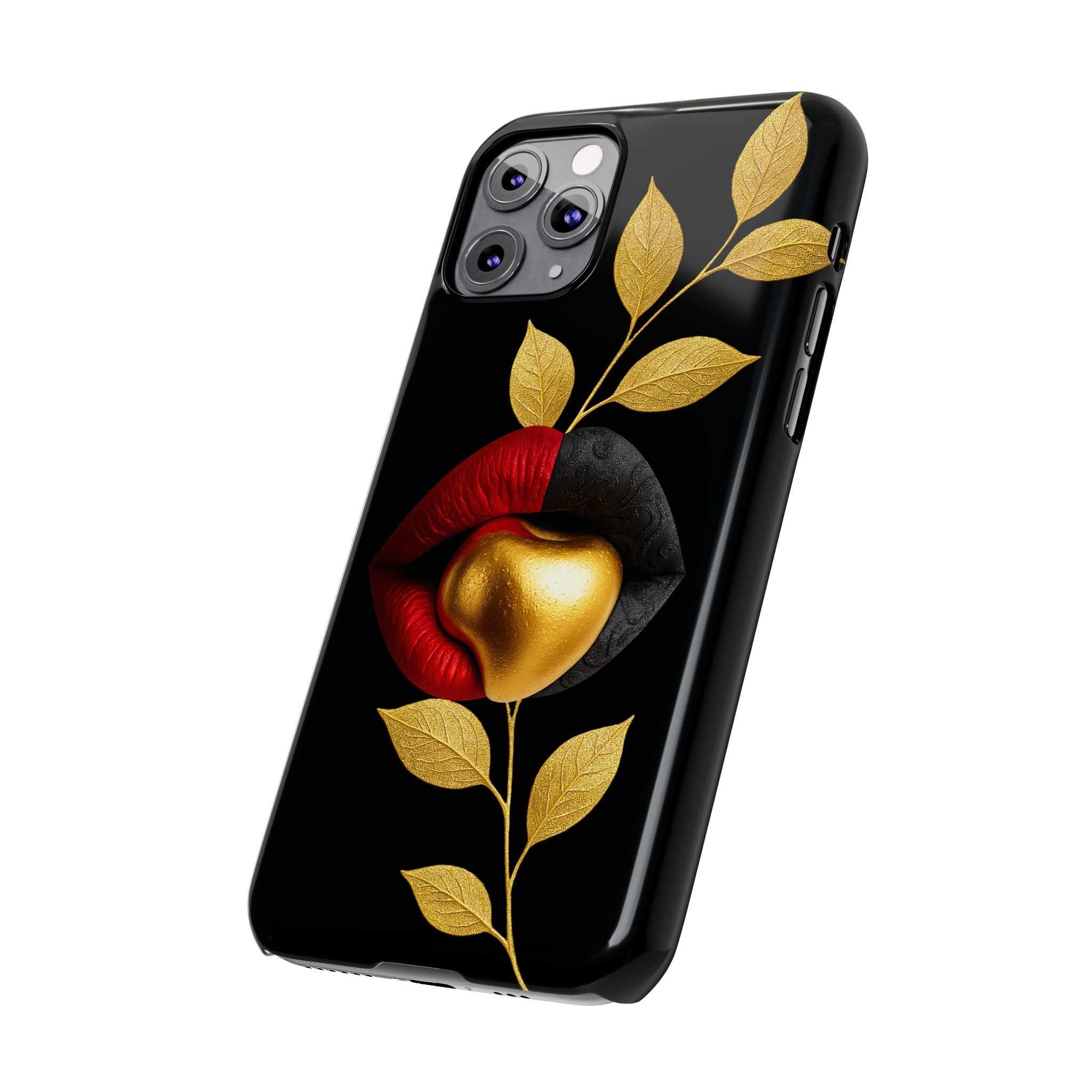 Black phone case with gold leaves and red lips heart design