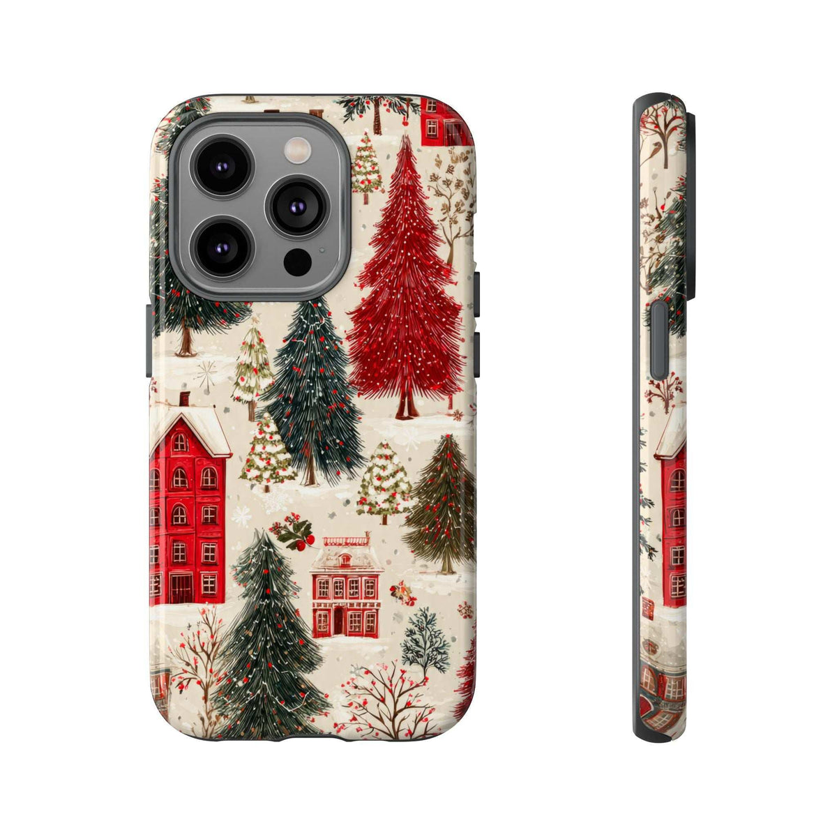 Winter village phone case with snowy houses and red pines, showing four-lens camera cutout