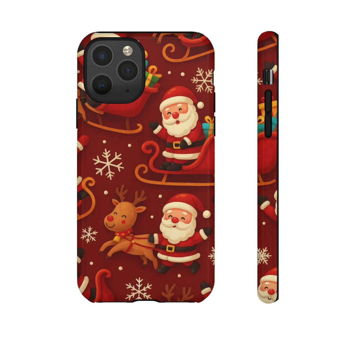 Glossy red phone case with Santa and reindeer motif plus sleigh, side profile