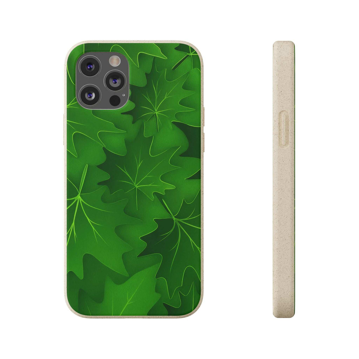 Green botanical leaf phone case with camera cutout; straight side profile shown
