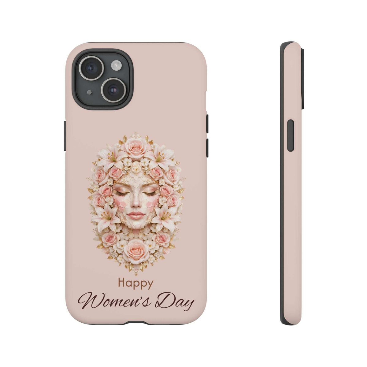 Light pink phone case with floral wreath woman face artwork and 'Happy Women's Day' text; triple-lens