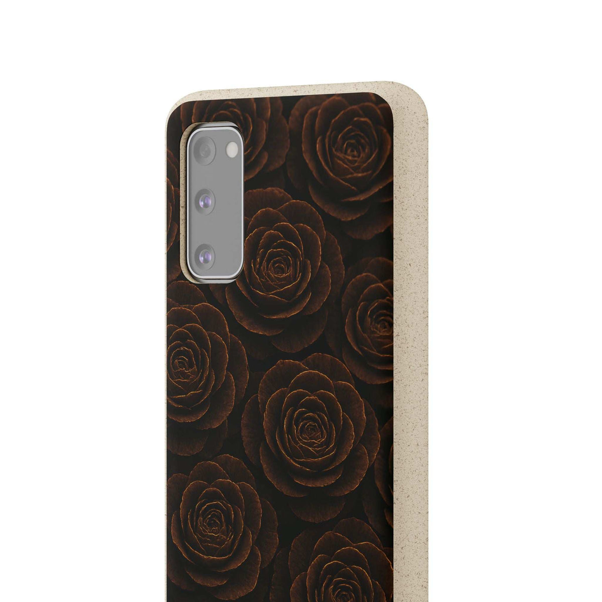 Rose patterned phone case with light wood trim and camera cutout, close view