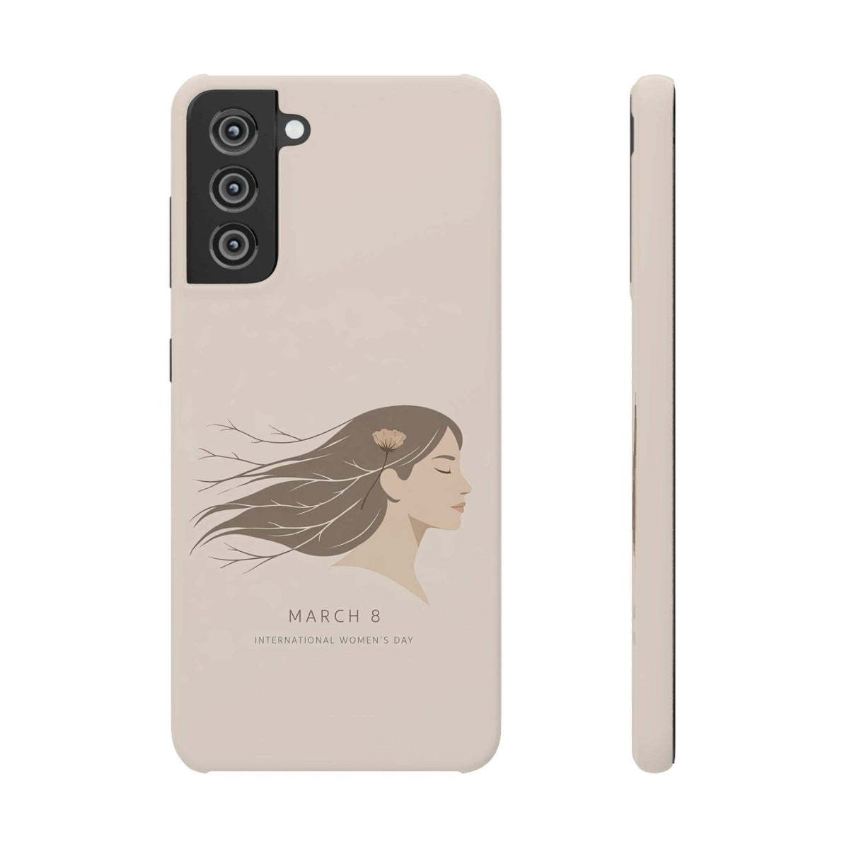 Beige phone case back with woman profile artwork and “MARCH 8” text; dual-lens camera cutout.