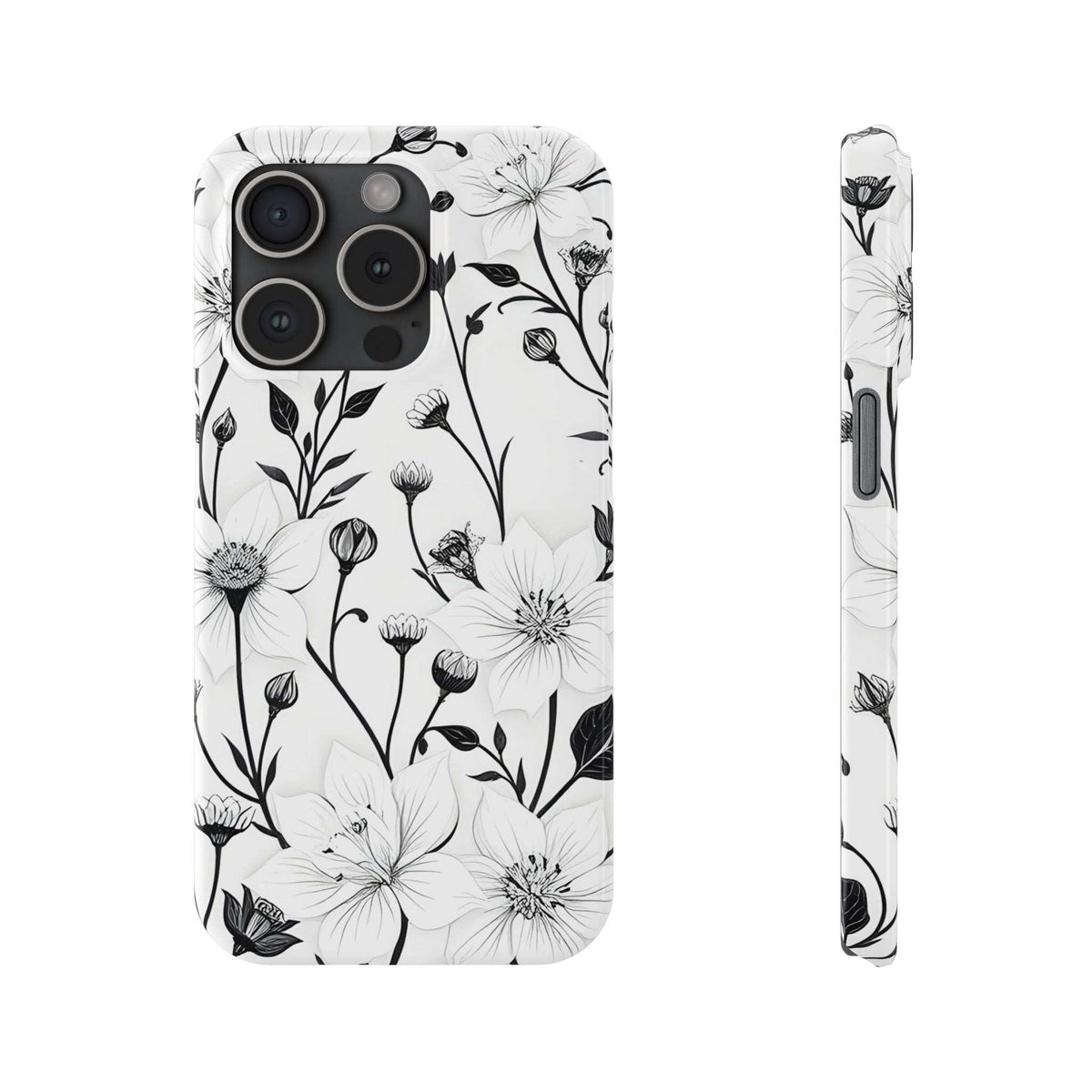 Monochrome floral phone case, white with black stems and blossoms; back and side angles
