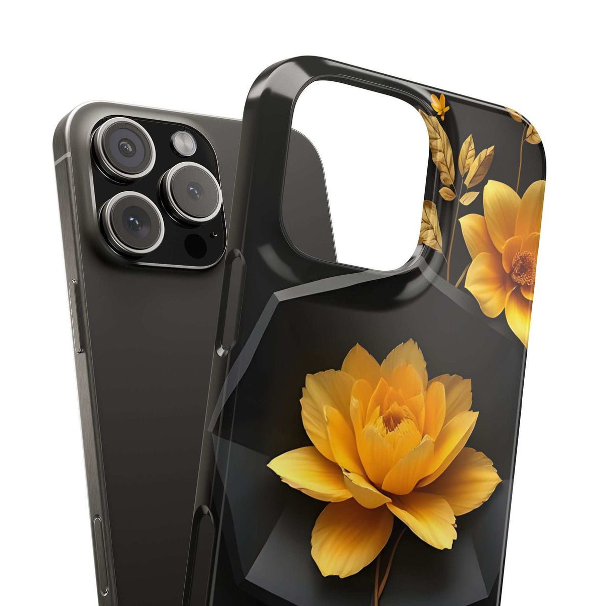 Yellow flower pattern phone case with black finish, camera lenses and cutouts