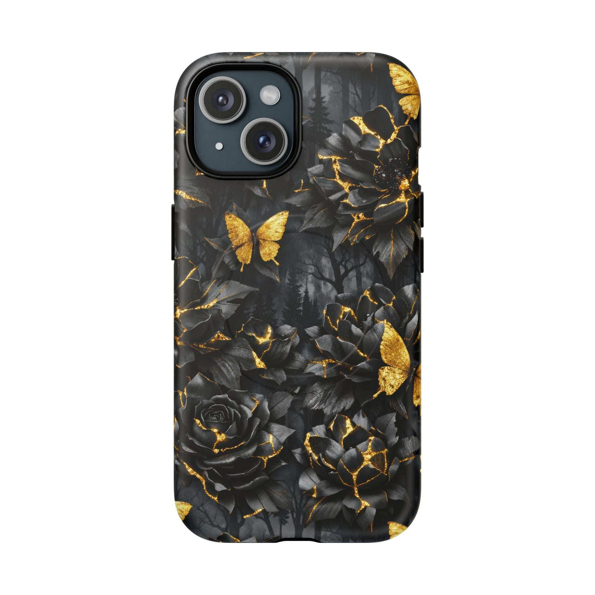 Phone case with black floral pattern, gold butterflies, and Kintsugi-style golden lines
