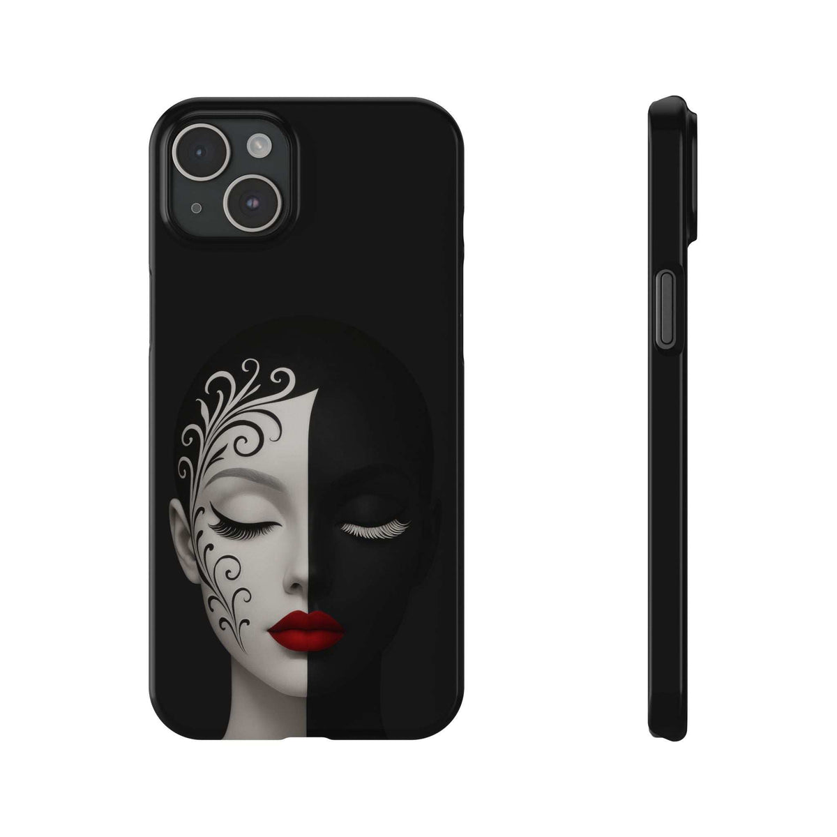 Black phone case showing split face artwork with red lips; includes side profile ports