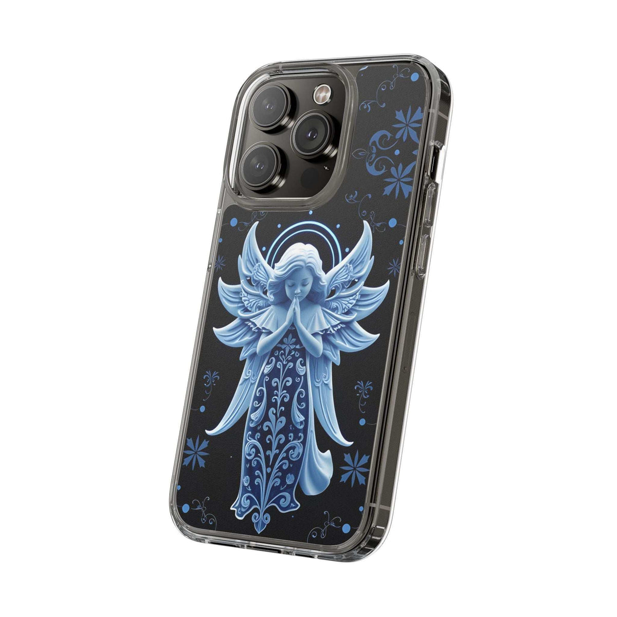 Clear phone case with blue angel prayer artwork, visible camera cluster openings and side buttons