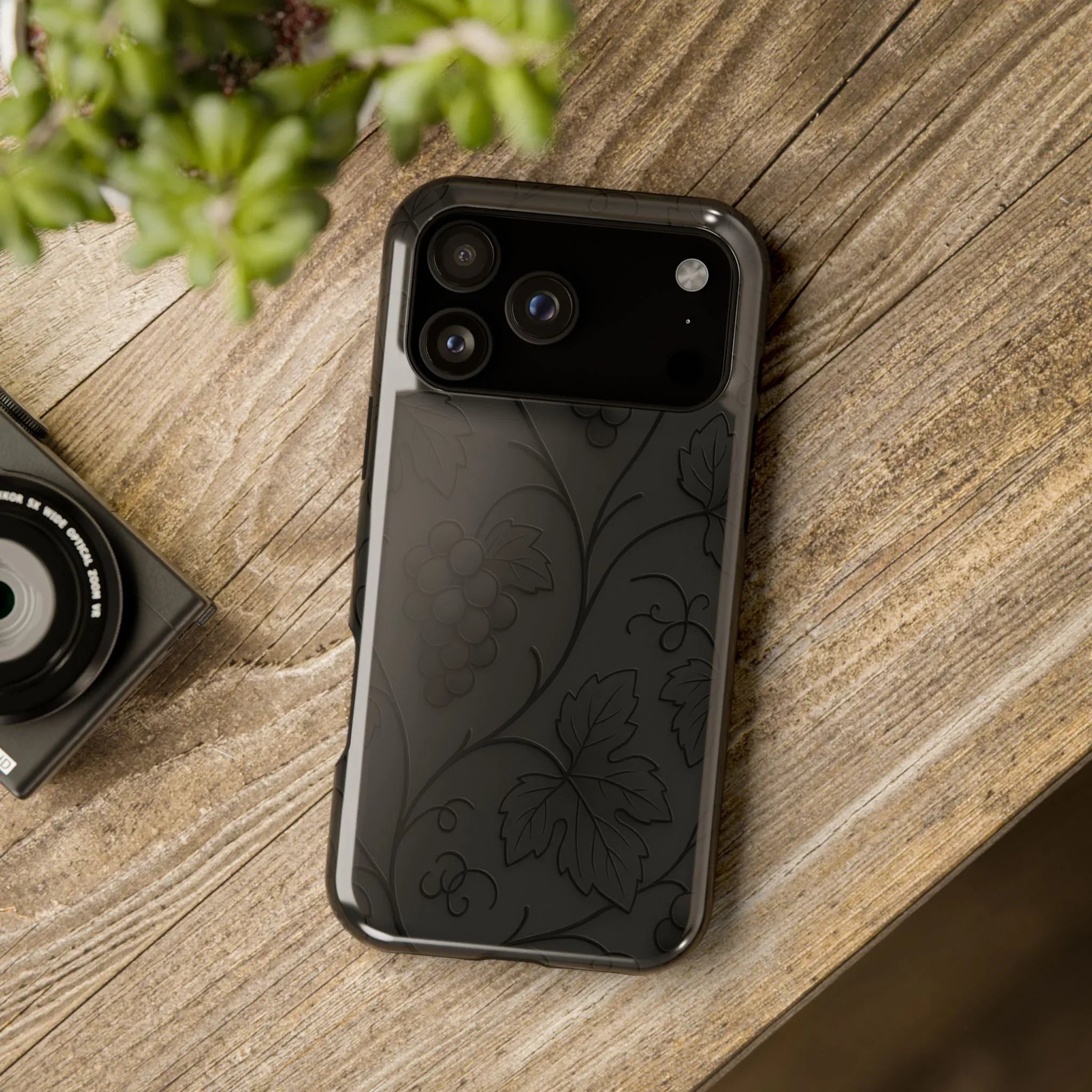 Elegant Embossed Grape Leaf Black Phone Case for iPhone and Galaxy - KARARMDESIGN