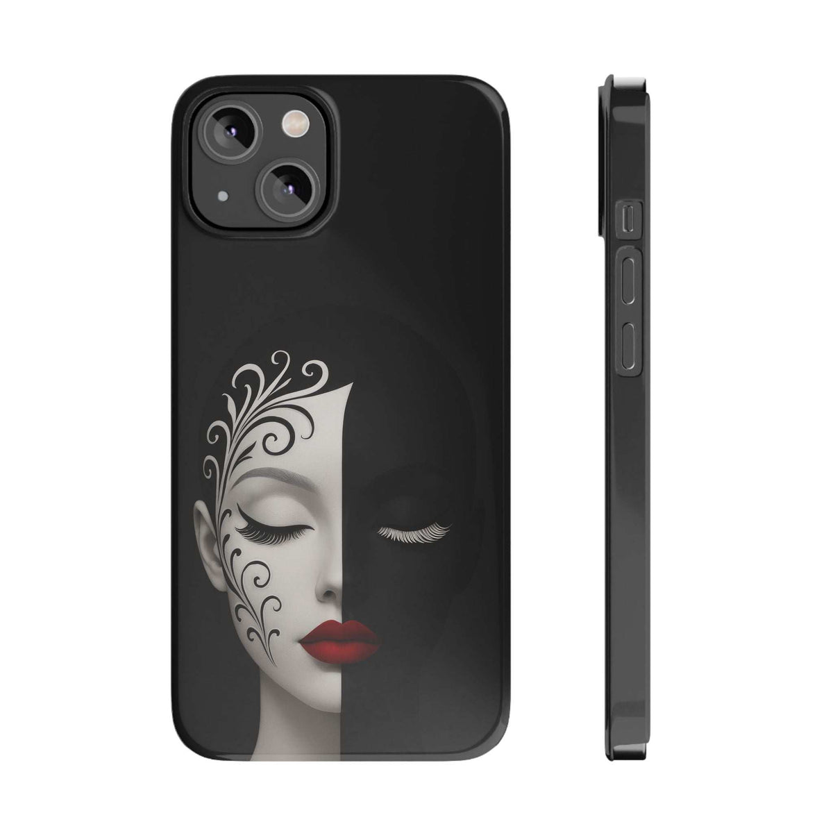 Black phone case with ornate woman face artwork and visible side profile buttons