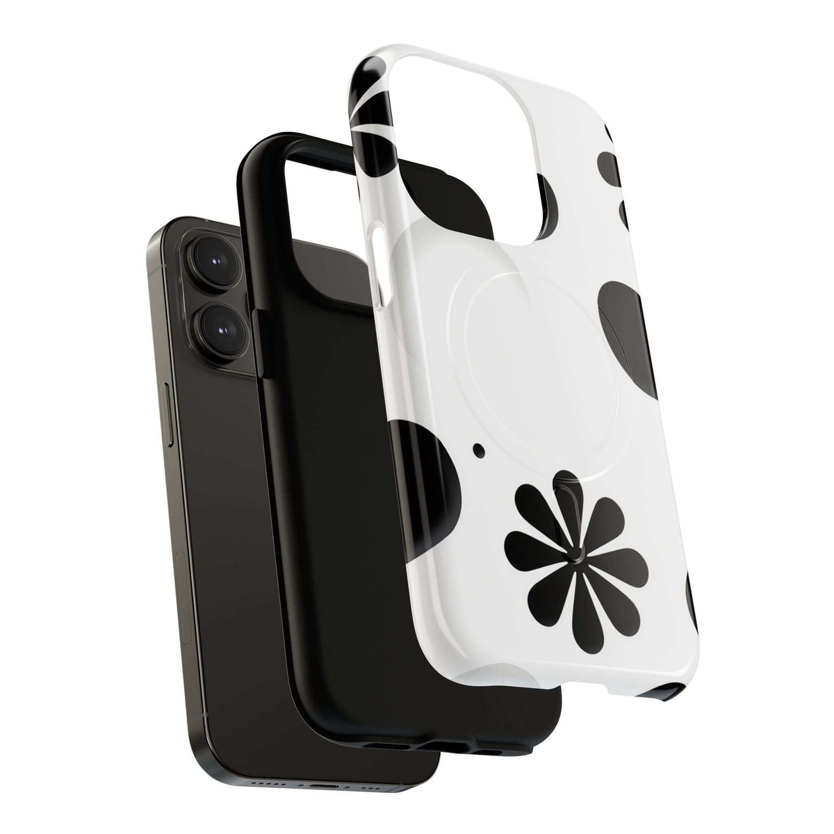 Protective phone case, white back with black flower and dot design, front phone partially visible