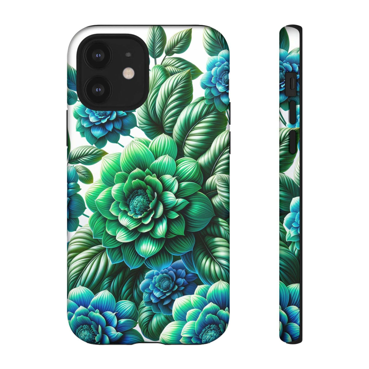 Green & blue floral phone case with leaf-and-bloom pattern, raised camera cutouts