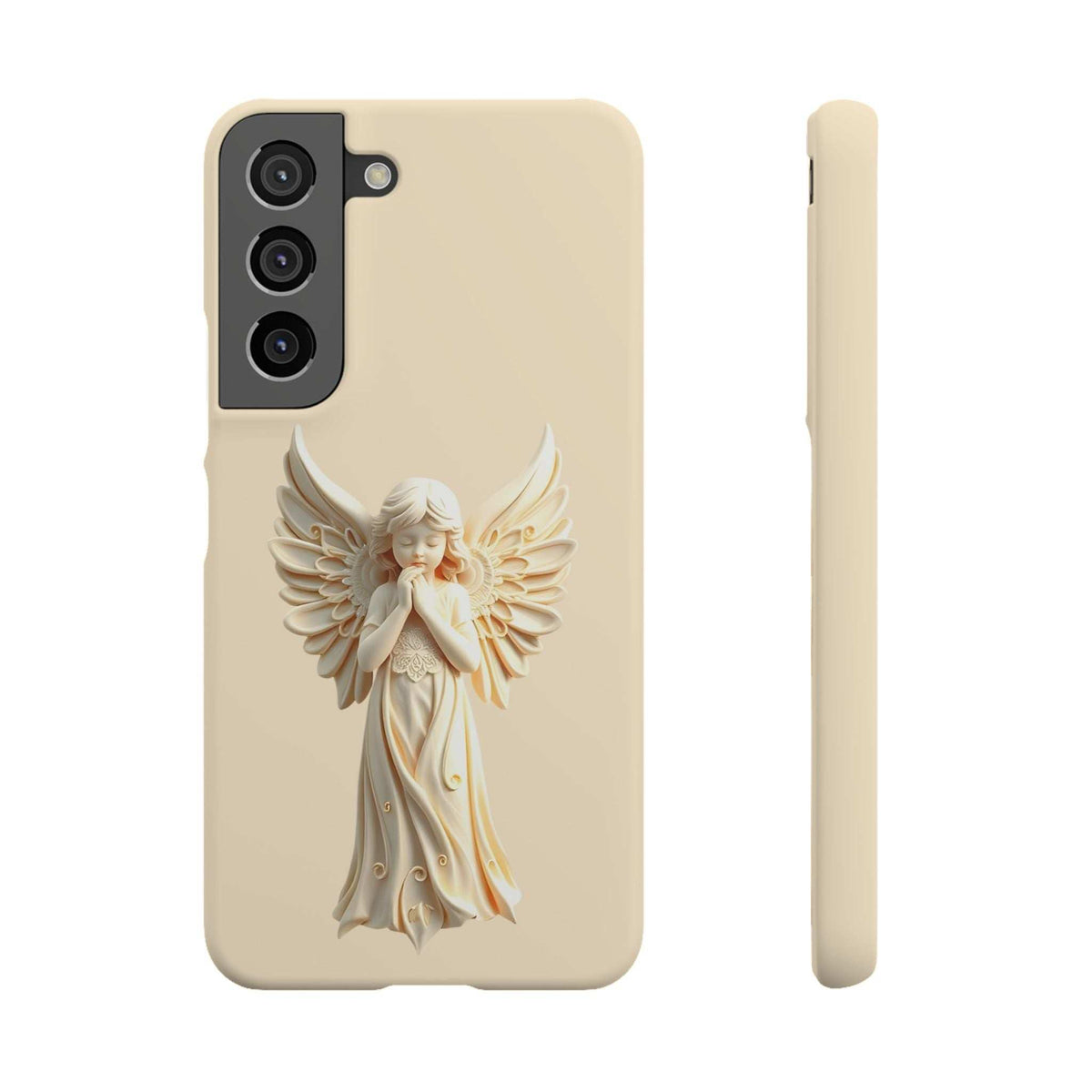 Cream phone case with angel wings figurine and triple camera cutout