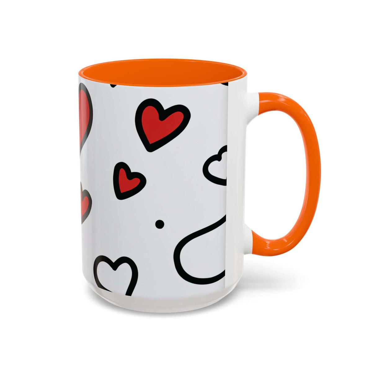 White ceramic mug with orange rim and handle, red hearts and black lips print