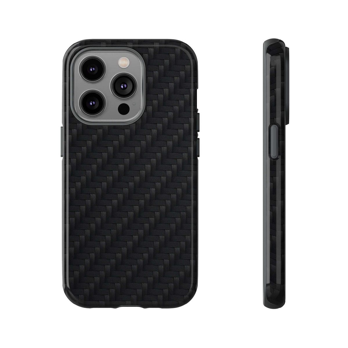 Black carbon fiber phone case with camera cutouts and raised edges, front and side view.