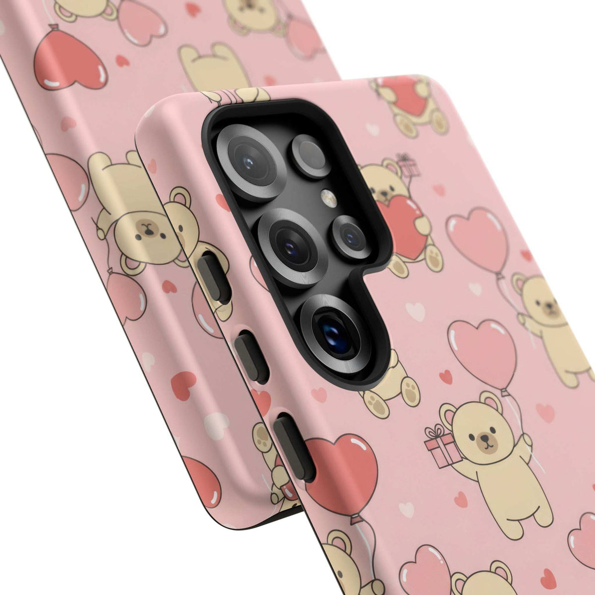 Pink teddy bear phone case with raised camera ring and heart-themed pattern, black border
