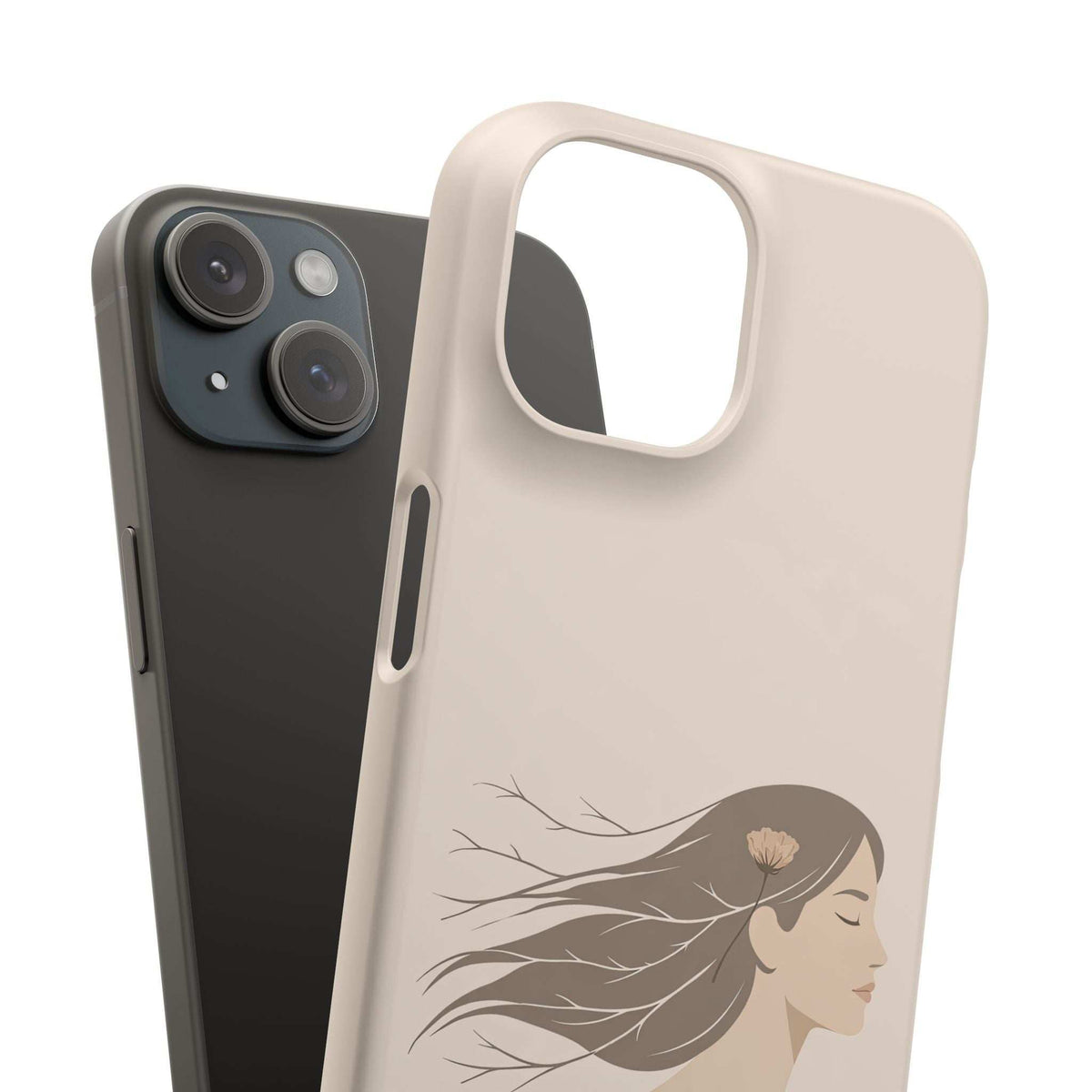 Beige and dark phone cases side by side, beige case with line art woman and cutouts