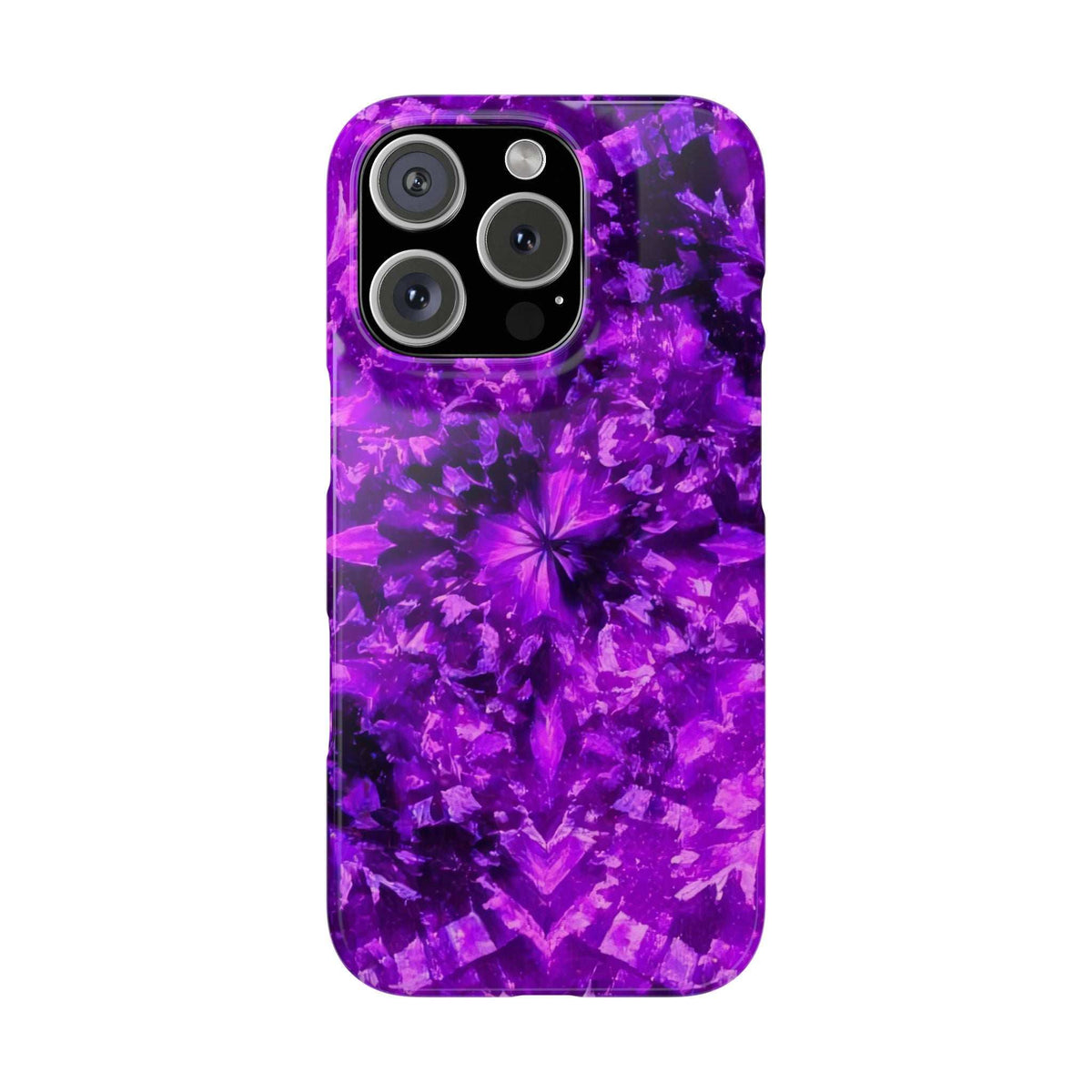 Purple kaleidoscope phone case with flower burst pattern and raised camera ring cutout