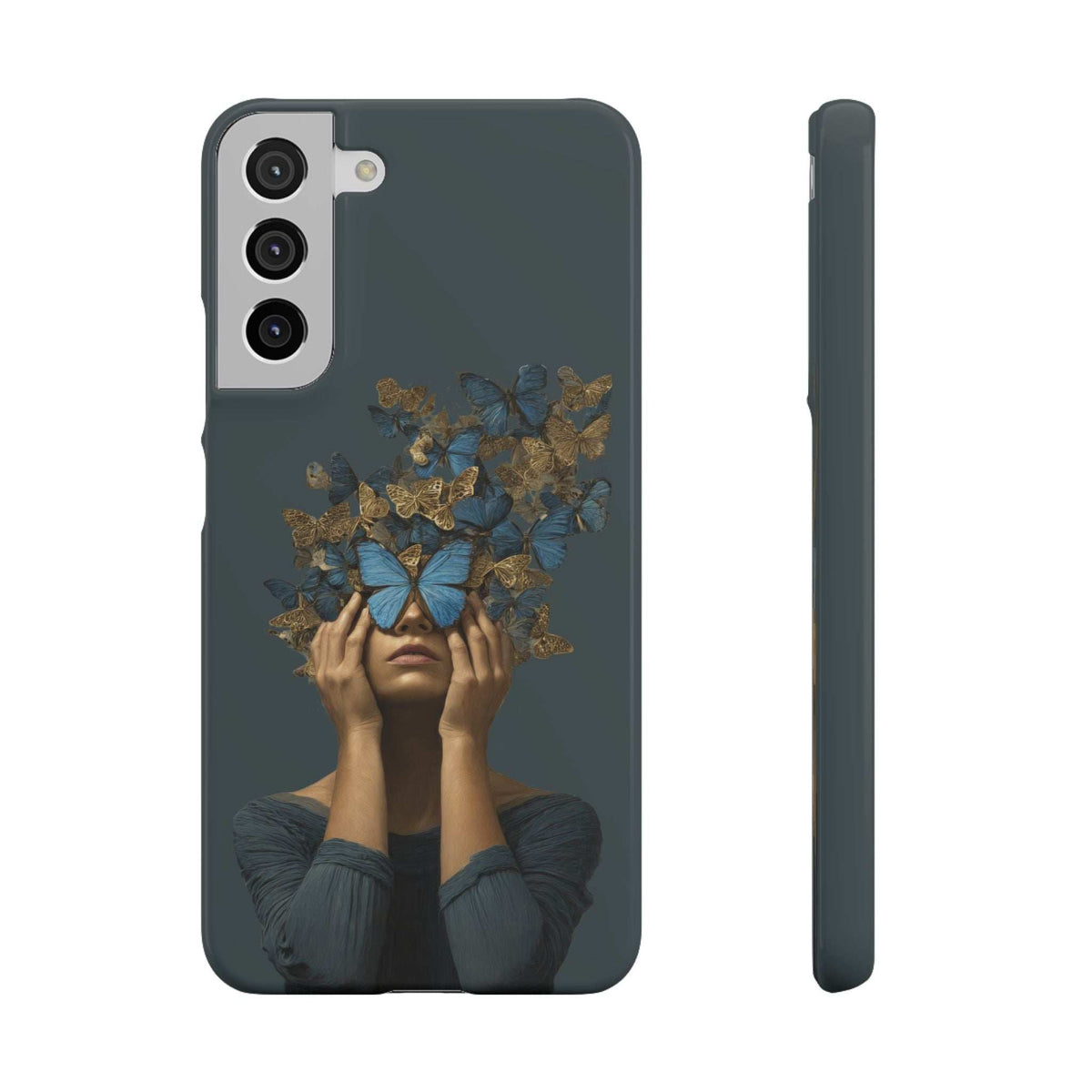 Dark gray phone case with butterfly woman graphic; top-left dual camera opening.