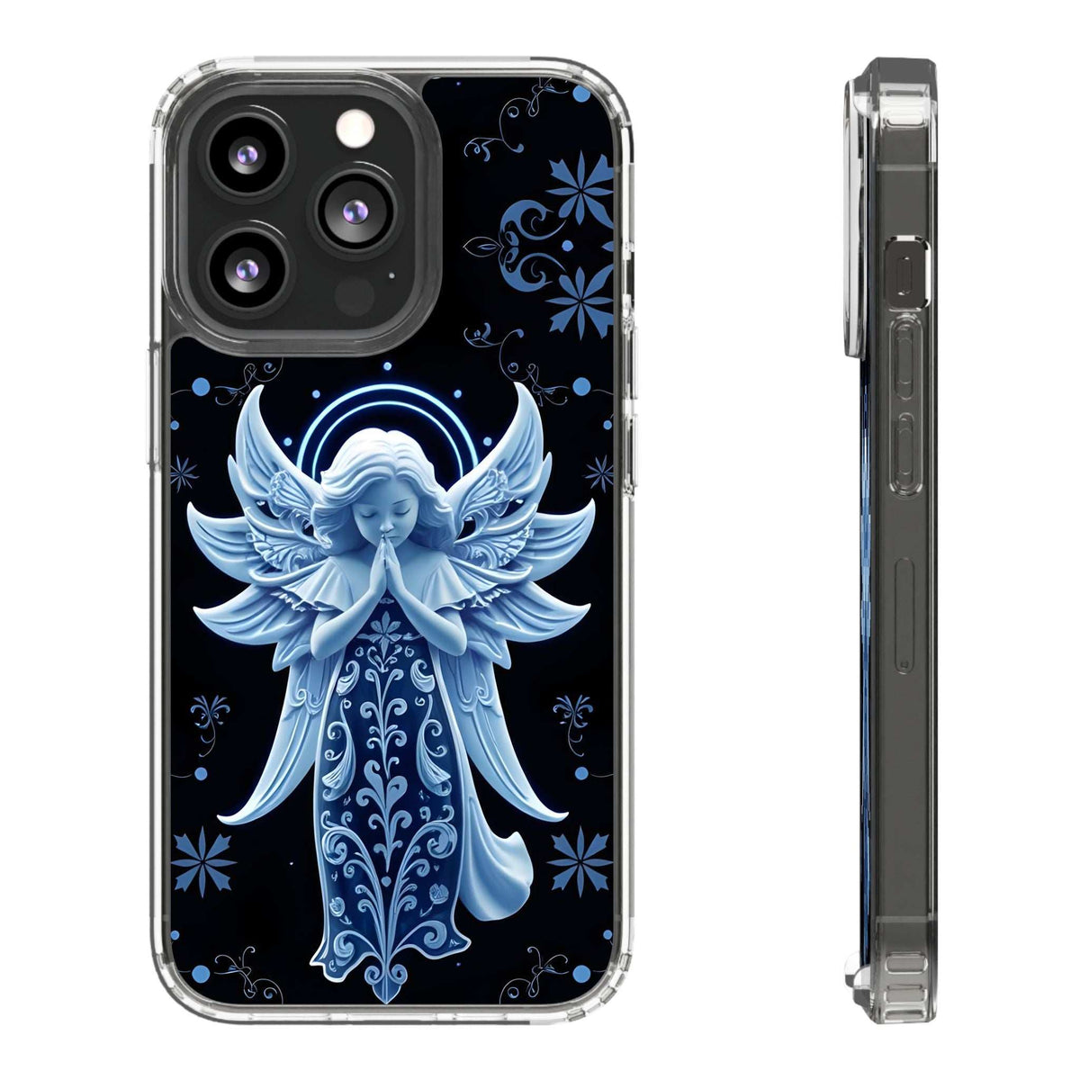Phone case with blue angel praying figure and clear protective frame on dark background