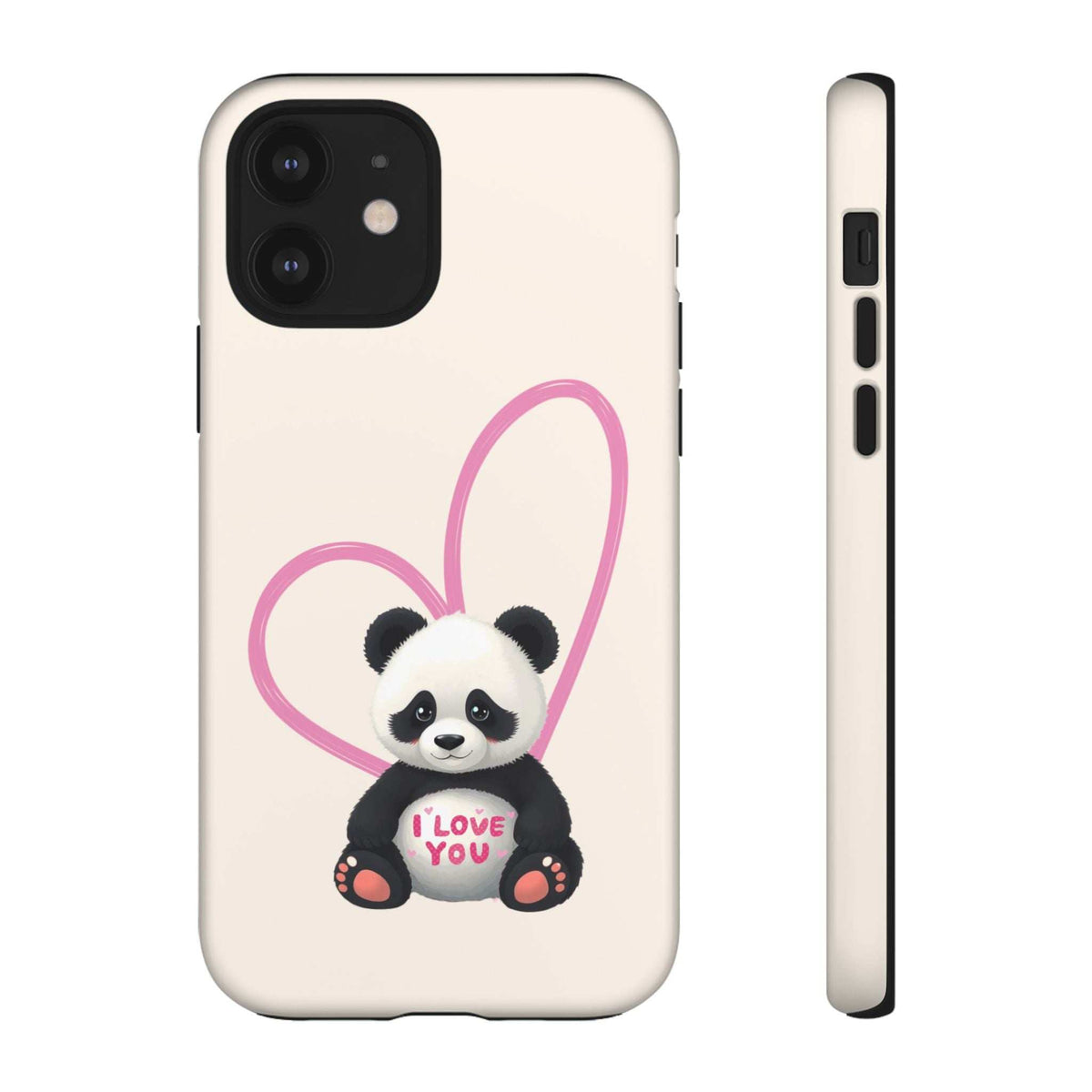 Light cream phone case with small panda in pink heart and “I love you” text, side profile