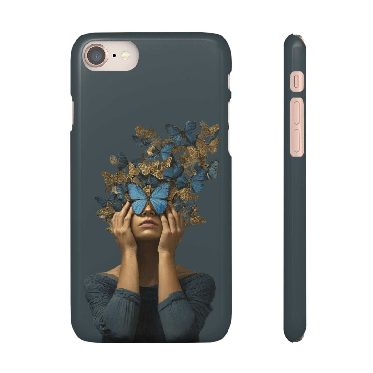 Dark gray phone case with butterfly face artwork and camera cutout, side buttons visible