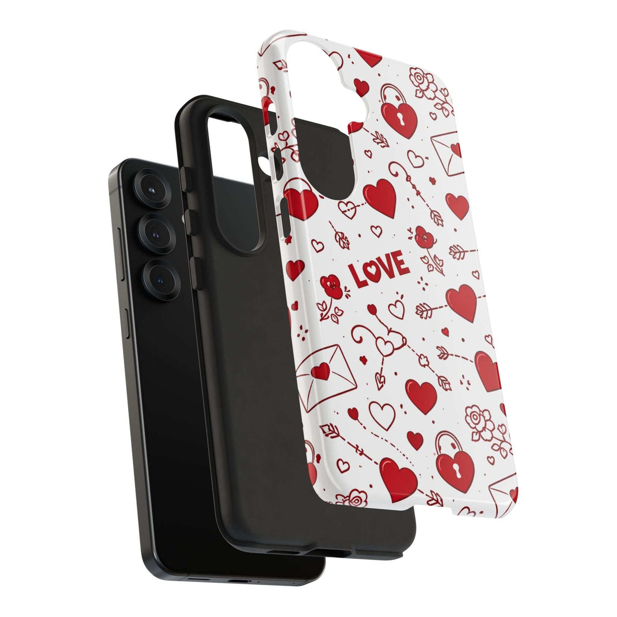 Glossy white phone case with red hearts and “LOVE,” back and front angles