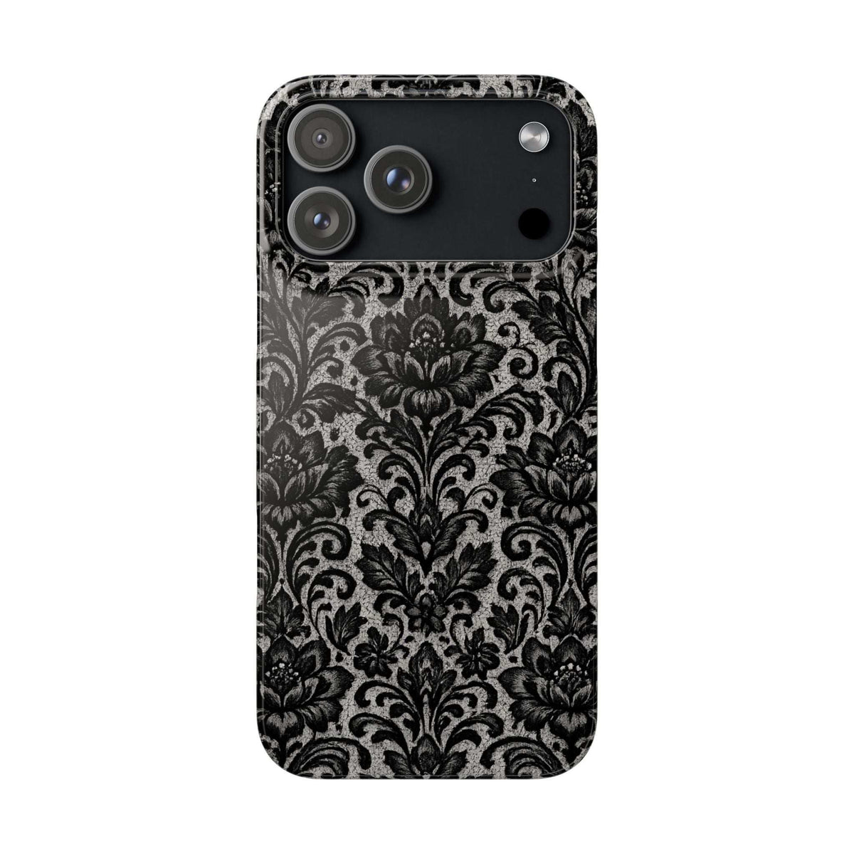 Damask floral phone case, back view, dark gray/black with three lenses visible