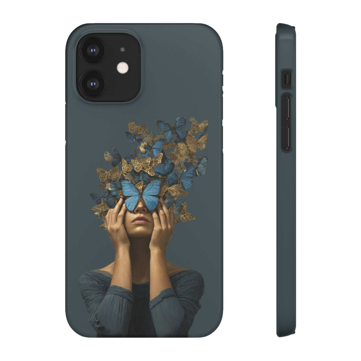 Dark gray phone case with butterfly woman graphic and visible camera lens openings