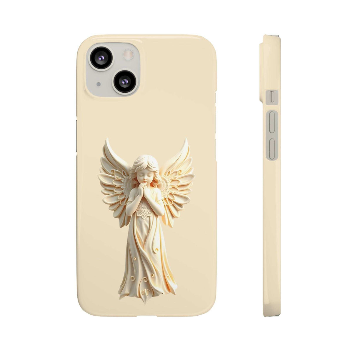 Beige angel phone case with cherub and wings design, plus side buttons and ports