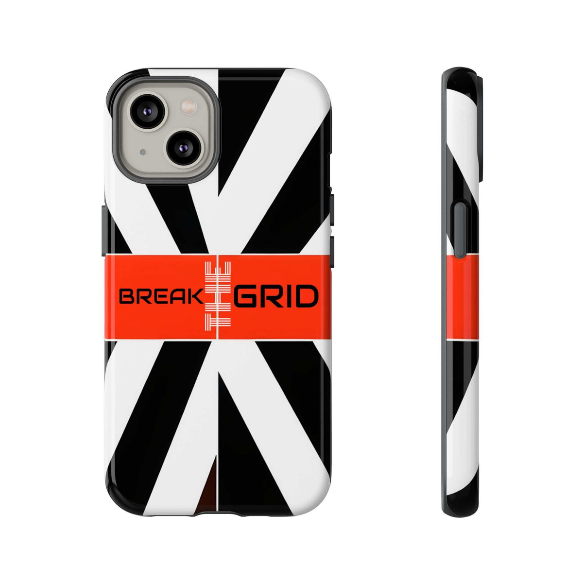 Phone case with black-and-white geometric stripes, red "Break Grid" band, front and side view.