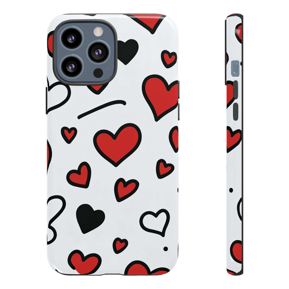 Phone case showing scattered hearts in red and black on white, side edge visible.