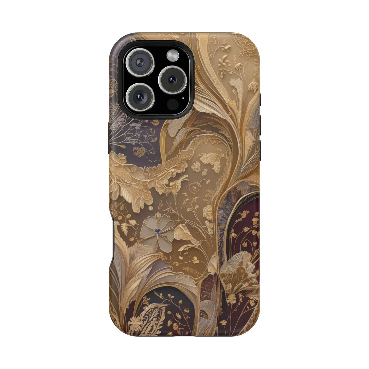Premium botanical phone case, beige and dark gold swirls with butterfly, lens cutout and buttons