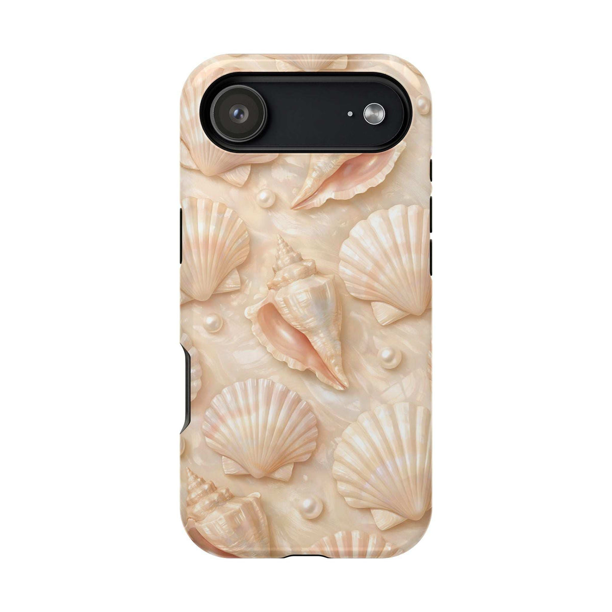 Seashell phone case for iPhone 13–17 with beige shell pattern and horizontal camera bar cutout