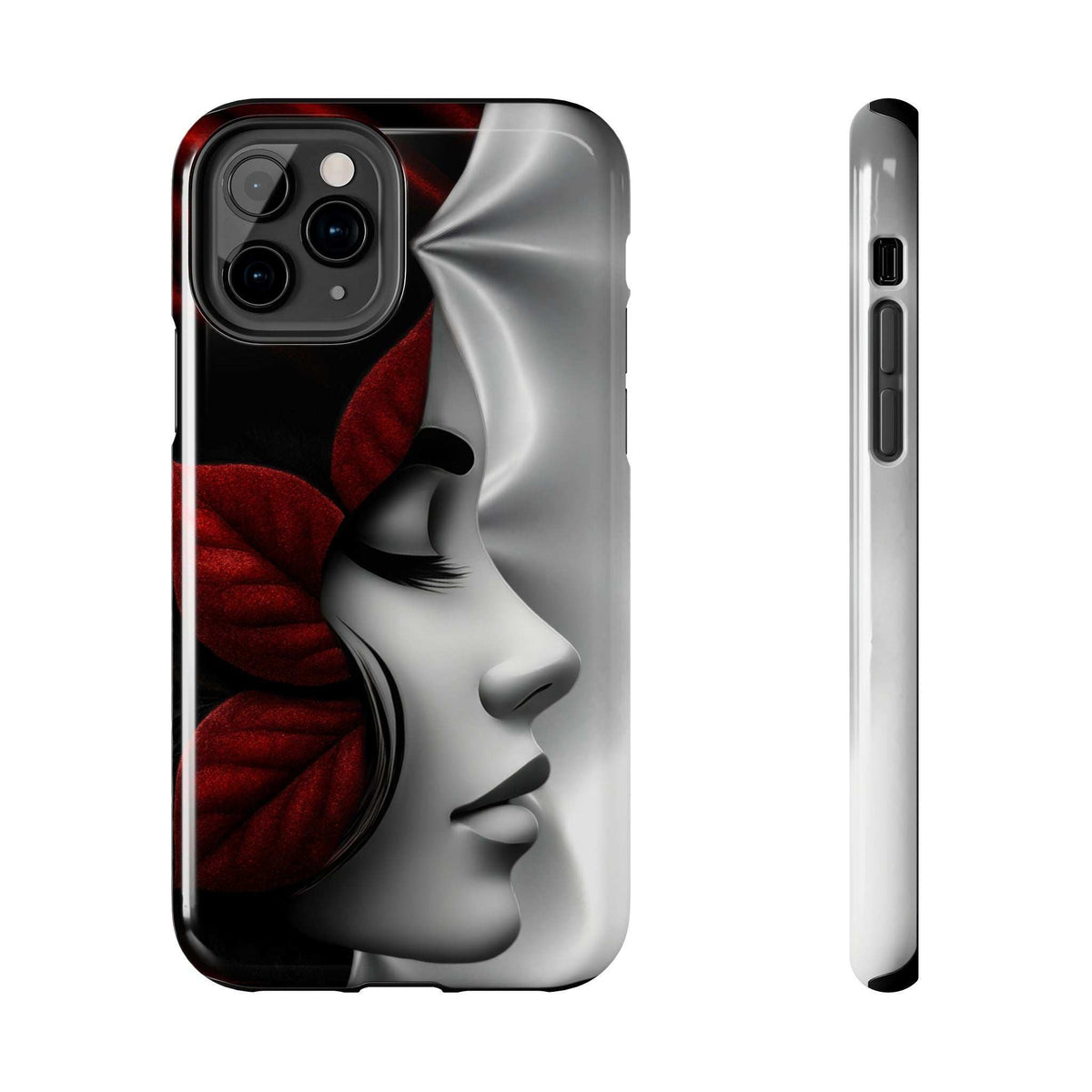 Black and gray phone case with abstract face and red rose print, raised camera cover.