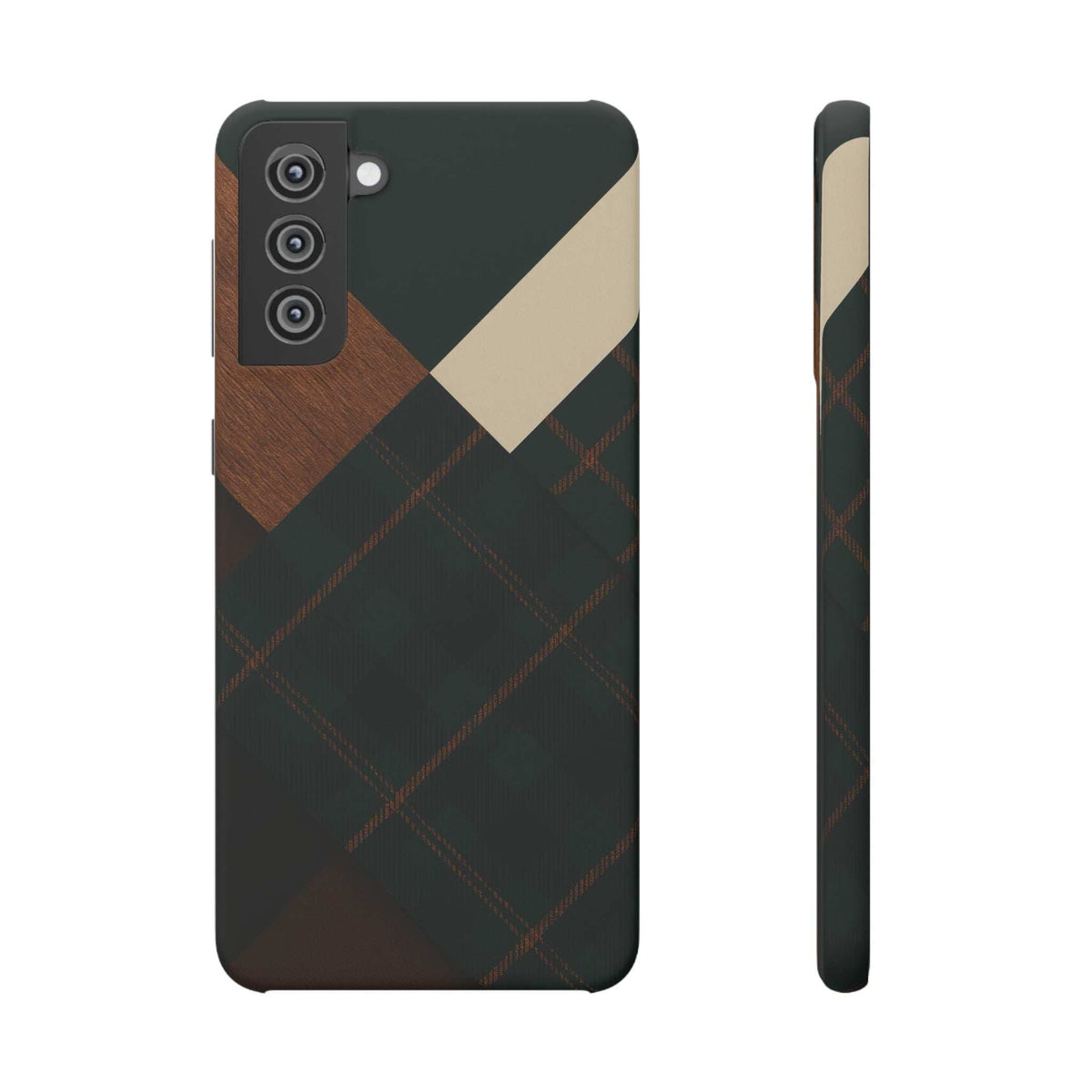 Dark green phone case with wood panel and plaid diamond pattern; front and side angles.