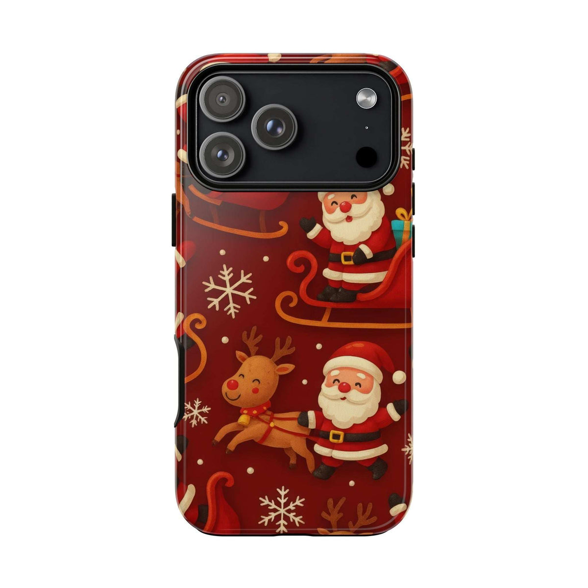 Glossy Santa and reindeer sleigh pattern phone case, dark camera window and side buttons