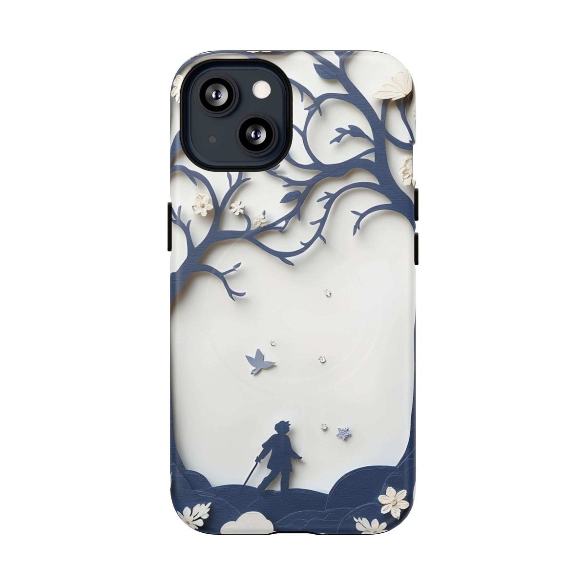 Phone case back with blue nature silhouette print, tree branches, flowers, and camera opening