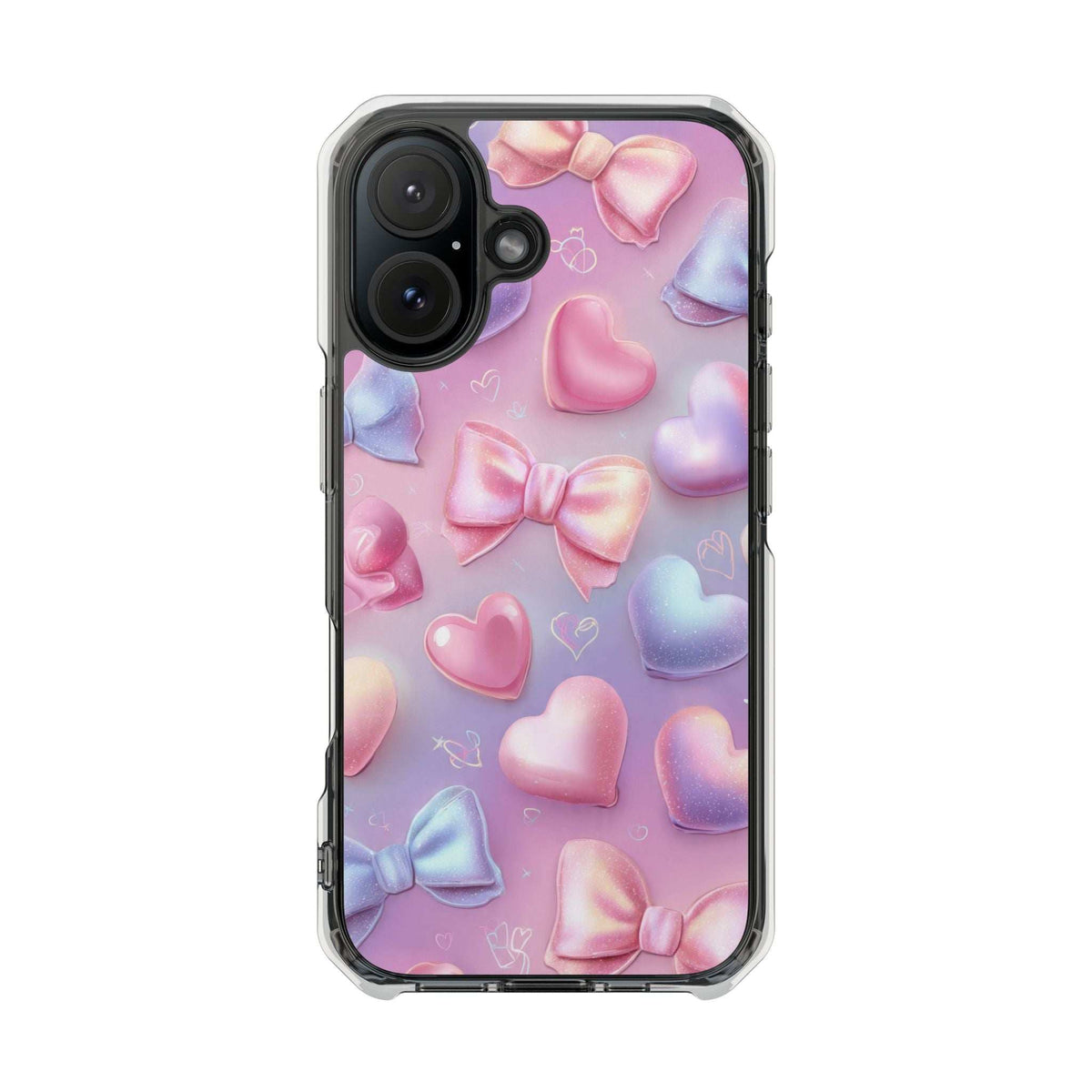 Pastel heart and bow phone case, clear border, visible camera cutouts